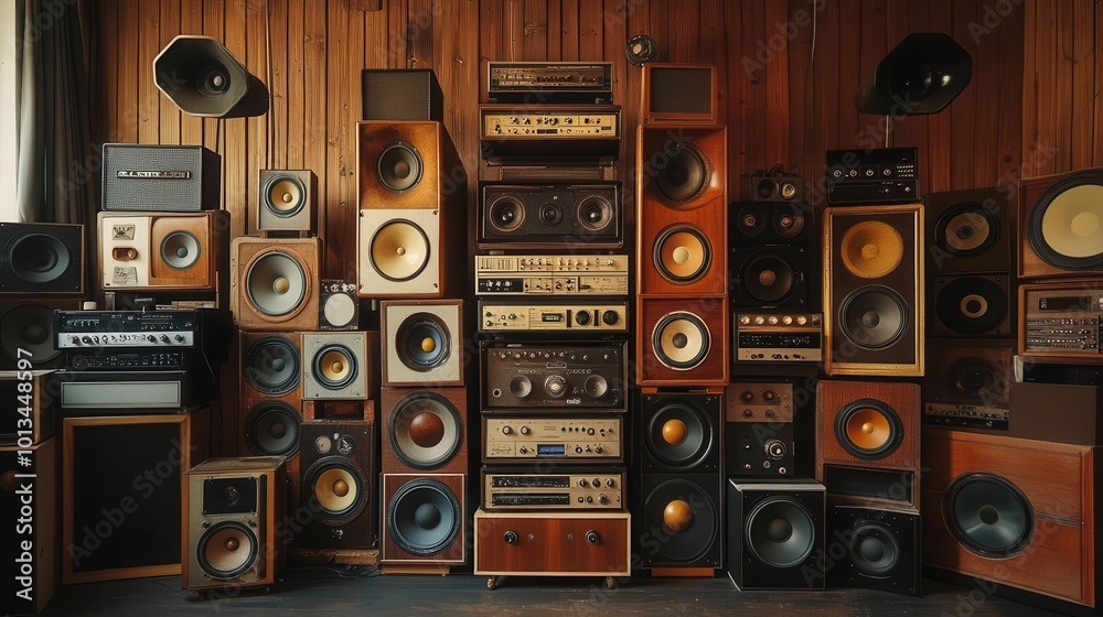 Obraz premium towering stack of vintage speakers, rich wood textures, retro audio equipment, dramatic lighting, music lover's dream setup