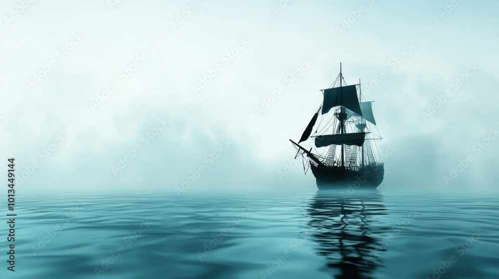 Fototapeta premium Mysterious Ship Silhouette in Misty Waters