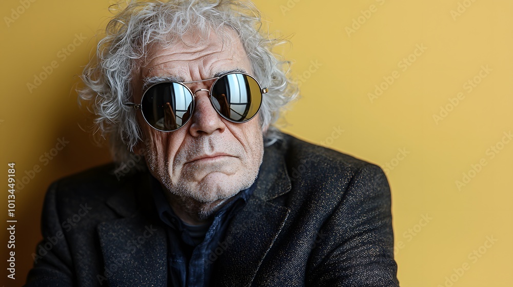 Old Man in Mirrored Sunglasses Against Yellow Background Old Man in Mirrored Sunglasses Against Yellow Background