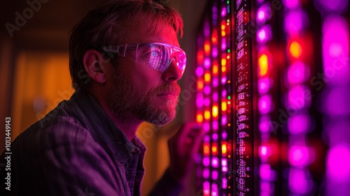 A man examines a colorful light panel, likely for research or artistic purposes.