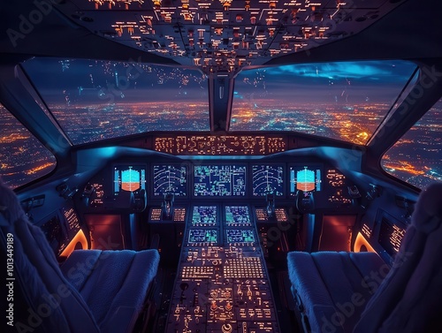 inside view of a sleek airplane cockpit featuring hightech instruments and displays illuminated by ambient cockpit lighting conveying a sense of innovation and precision in aviation