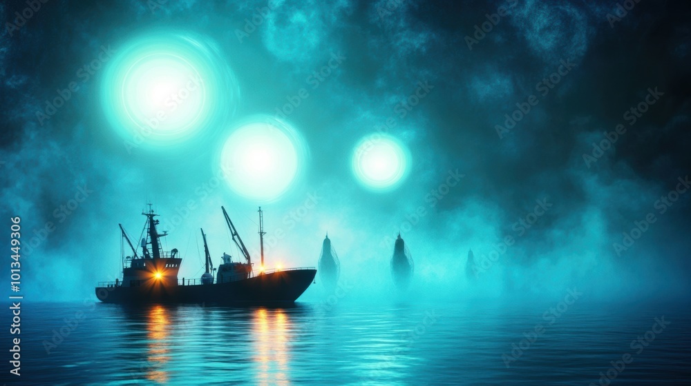 Mysterious Night Scene with Ship and Surreal Lights