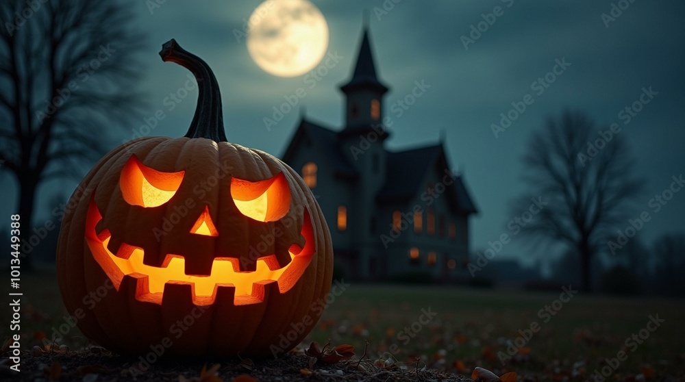 Jack-o-lantern in front of a haunted house under the full moon. Jack-o-lantern in front of a haunted house under the full moon.