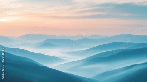 tranquil highlands serene foggy mountain landscape at dawn, misty valleys, soft pastel colors, scenic nature photography