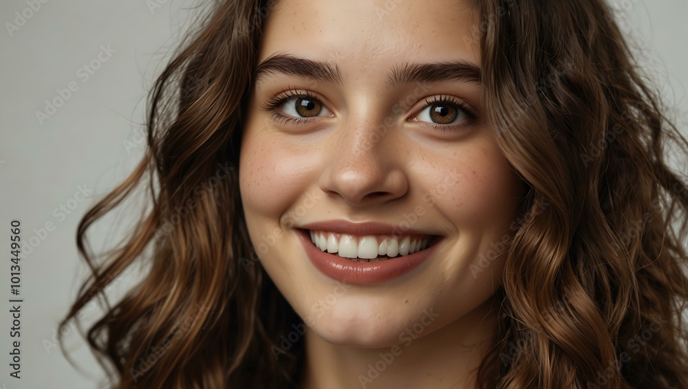 Young woman with wavy brown hair smiling on a white background. Young woman with wavy brown hair smiling on a white background.