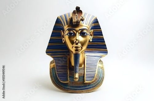 
Tutankhamun's mask, in gold and blue colors, against a white background
 photo