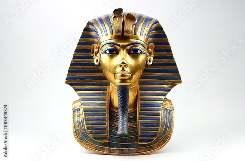 
Tutankhamun's mask, in gold and blue colors, against a white background
 photo