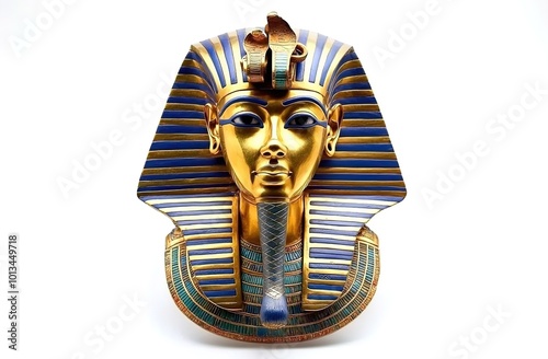 
Tutankhamun's mask, in gold and blue colors, against a white background
 photo