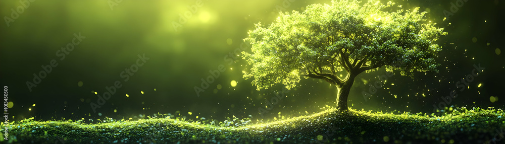 Glossy Green Background with Glowing Tree Symbolizing Environmental Justice & Human Rights, Ample Copy Space for Messaging - Stock Photo Glossy Green Background with Glowing Tree Symbolizing Environmental Justice & Human Rights, Ample Copy Space for Messaging - Stock Photo