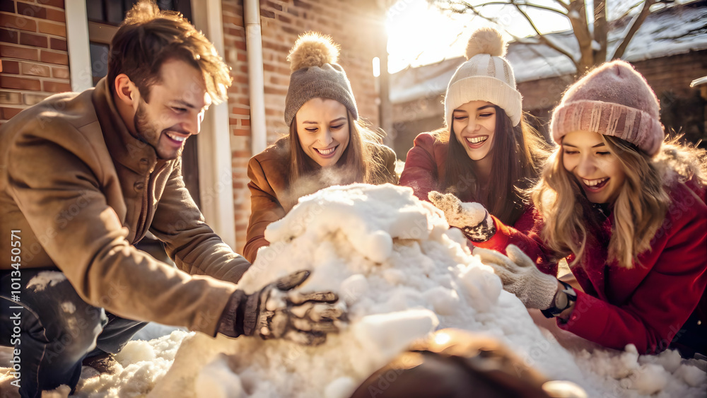 Fototapeta premium Candid Group of Friends Laughing While Building a Snow Fort in a Snowy Backyard - Winter Fun and Friendship Captured in a Playful Scene