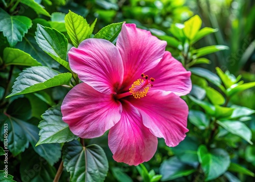 Vibrant pink hibiscus flower blooms amidst lush green foliage in a serene garden setting, its delicate petals and prominent center exuding tropical elegance and beauty.