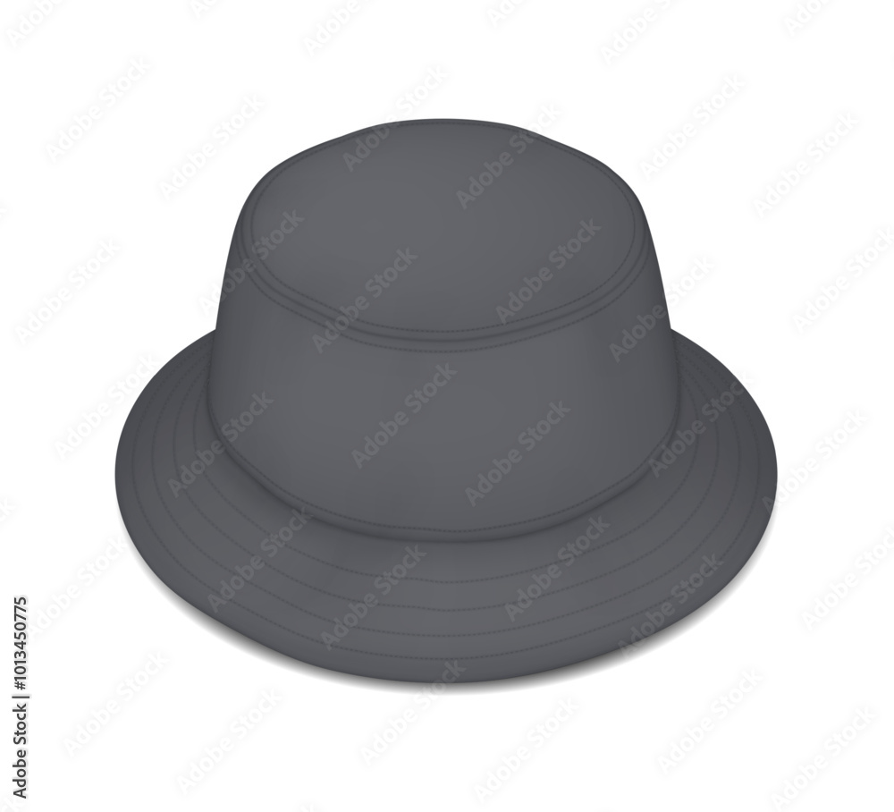 Mockup dark bucket hat with wide brim realistic vector illustration. Summer streetwear fashion accessory 3d model on white background Mockup dark bucket hat with wide brim realistic vector illustration. Summer streetwear fashion accessory 3d model on white background