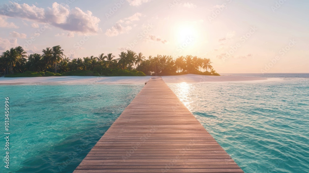 Fototapeta premium Serene Sunset Paradise: Tropical Island with Palm Trees, Sandy Beach, and Pier in Crystal Clear Water under Orange and Blue Skies