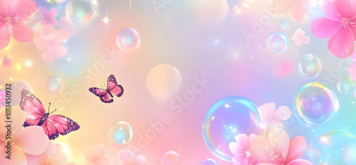 Gallery background design, a colorful gradient background design with pink flowers and butterflies d, rainbow-colored bubbles, shiny light effects, sparkling stars, in a cartoon style, in a cute style