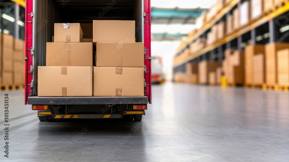 Efficient Logistics Operations in a Bright Warehouse Bay with Truck, Packages, and Industrial Equipment Efficient Logistics Operations in a Bright Warehouse Bay with Truck, Packages, and Industrial Equipment