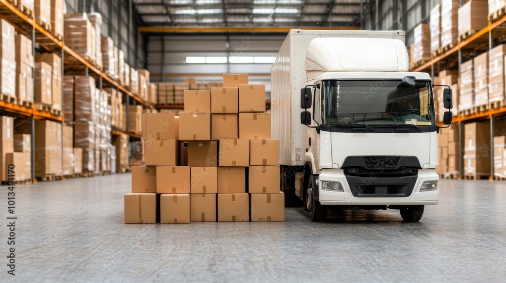Efficient Logistics Operations in Large Warehouse Bay with Organized Delivery Truck and Shipping Boxes under Industrial Lighting Efficient Logistics Operations in Large Warehouse Bay with Organized Delivery Truck and Shipping Boxes under Industrial Lighting