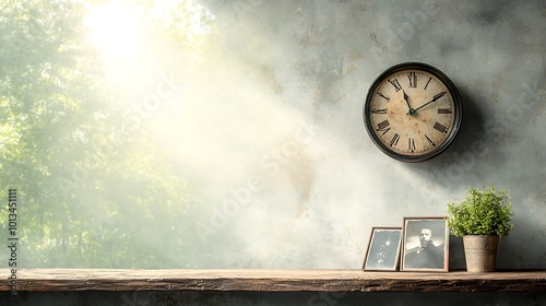 A broken clock on a dusty shelf next to faded photographs, representing missed chances and regret after mischievous actions, with a soft light filtering through an old window. Ultra-Realistic,  photo