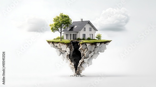 A family house torn apart by a large fissure running from the roof to the ground, with each side leaning away from the other, highlighting irreparable divisions. Ultra-Realistic, Photo Realistic, 