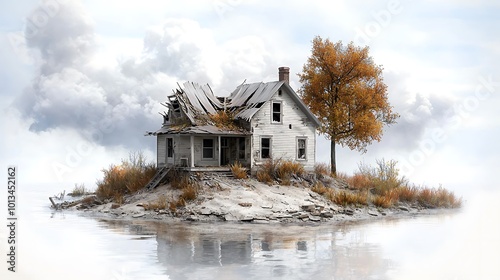 A family house torn apart by a large fissure running from the roof to the ground, with each side leaning away from the other, highlighting irreparable divisions. Ultra-Realistic, Photo Realistic,  photo