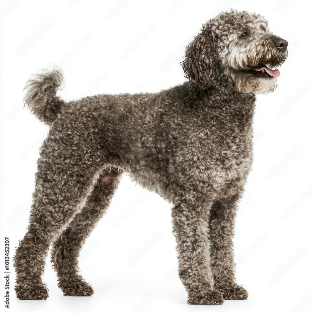 The Spanish Water Dog stands tall, showcasing its distinctive curly coat and friendly expression. Set against a clean white backdrop, its playful personality shines through, inviting attention. The Spanish Water Dog stands tall, showcasing its distinctive curly coat and friendly expression. Set against a clean white backdrop, its playful personality shines through, inviting attention.