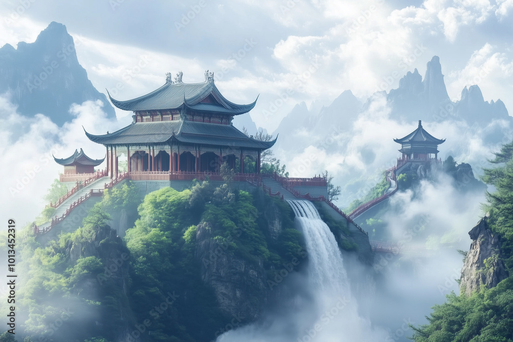 Ancient Eastern Mythology Mountain Temple Background Ancient Eastern Mythology Mountain Temple Background