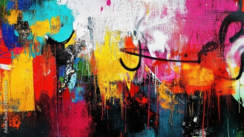 urban art canvas, abstract graffiti elements, vibrant color splashes, grungy textures, street-inspired design photo