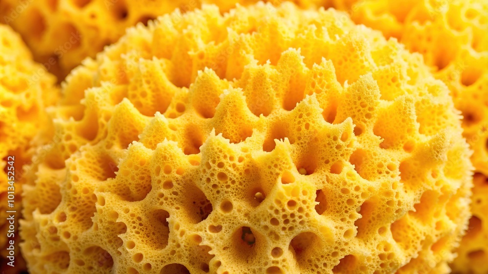 Vibrant yellow natural sea sponge showcases intricate porous texture, offering an abstract and inviting background with soft, rounded pores and uneven surface detail. Vibrant yellow natural sea sponge showcases intricate porous texture, offering an abstract and inviting background with soft, rounded pores and uneven surface detail.