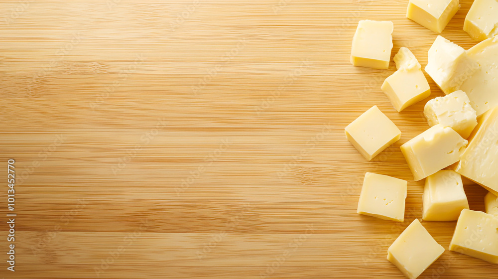 Fresh Cubes of Cheese on Wooden Cutting Board Fresh Cubes of Cheese on Wooden Cutting Board