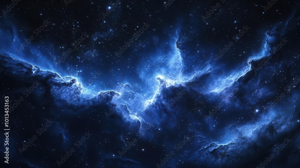 Fototapeta premium vast cosmic vista of a shimmering blue nebula stretching across a star-studded night sky, with swirling gas clouds and distant galaxies creating an awe-inspiring celestial tapestry