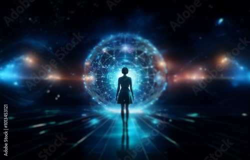 A lone silhouette stands before a glowing sphere of interconnected lines, surrounded by a dark, abstract background.