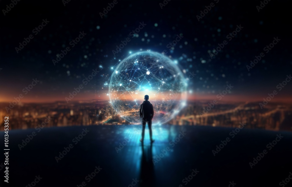 A person stands in front of a glowing sphere, looking over a city skyline. A person stands in front of a glowing sphere, looking over a city skyline.
