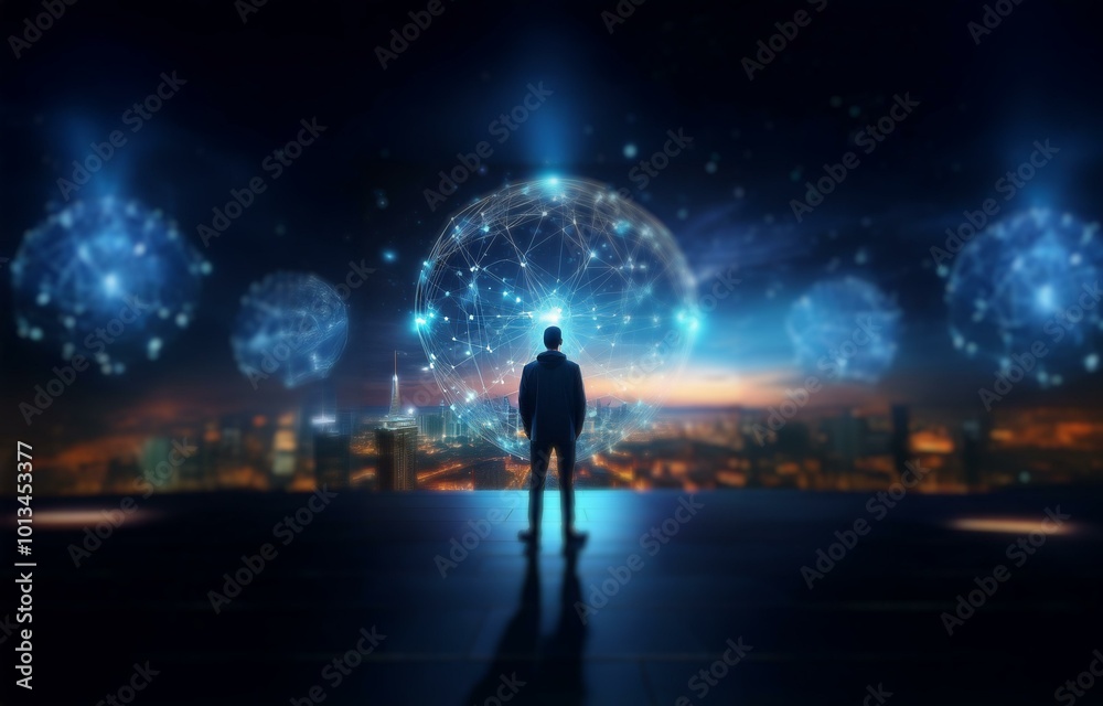 A lone figure stands on a rooftop, looking out at a glowing cityscape, surrounded by abstract orbs of light. A lone figure stands on a rooftop, looking out at a glowing cityscape, surrounded by abstract orbs of light.
