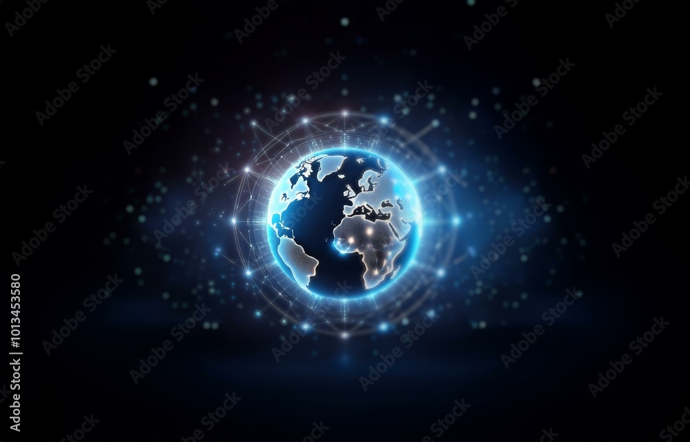 Obraz premium A glowing, blue globe with a web-like structure around it on a dark background.