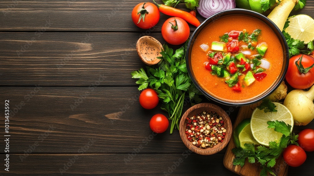Colorful Spread of Fresh Fruits and Vegetables with Noodle Dish on Wooden Table. Colorful Spread of Fresh Fruits and Vegetables with Noodle Dish on Wooden Table.