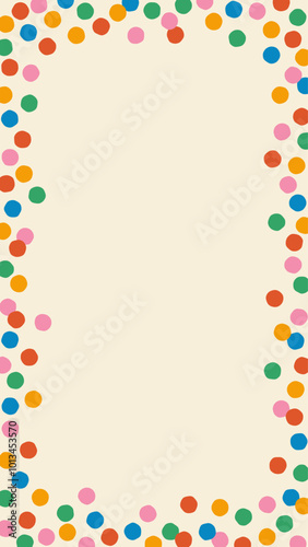 Abstract vertical frame of multicolored polka dots, confetti on light background, flat style, copy space, hand drawn illustration