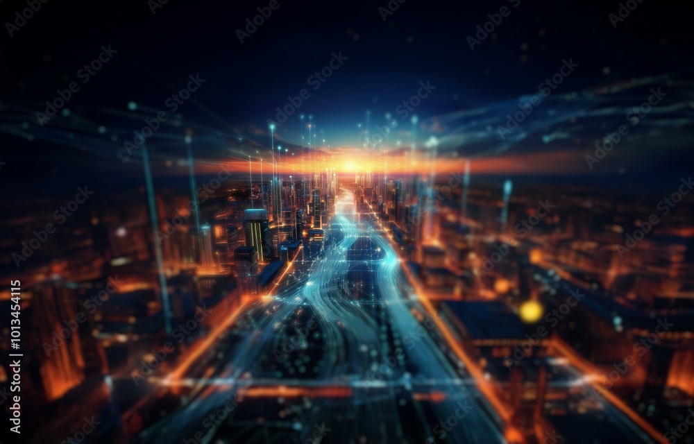 A stylized cityscape at dusk, with a glowing network of lines emanating from the horizon.