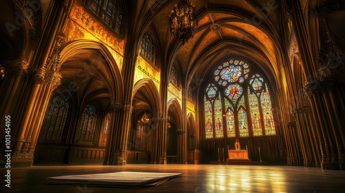 Gothic cathedral interior features pointed arches and stained glass, dramatic lighting, antique desk with mortgage document. Wide-angle view, rich dark colors.