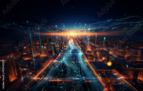 A stylized cityscape at dusk, with a glowing network of lines emanating from the horizon.