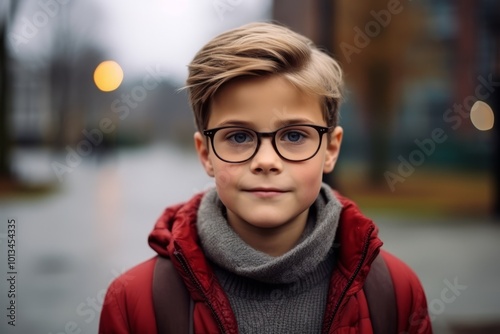 Portrait of a boy in glasses on the background of the city