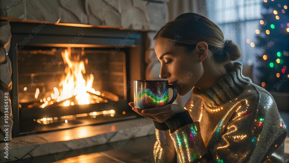 Abstract Glowing Digital Fireplace: Warmth of Winter with Cozy Hot Cocoa in Futuristic Neon Hues - Vibrant Photo Stock Concept Abstract Glowing Digital Fireplace: Warmth of Winter with Cozy Hot Cocoa in Futuristic Neon Hues - Vibrant Photo Stock Concept