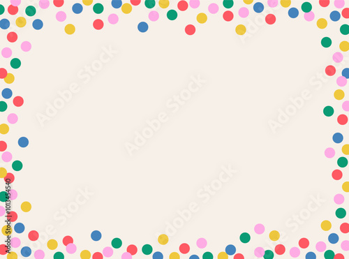 Abstract horizontal frame of multicolored polka dots, confetti on light background, flat style, copy space