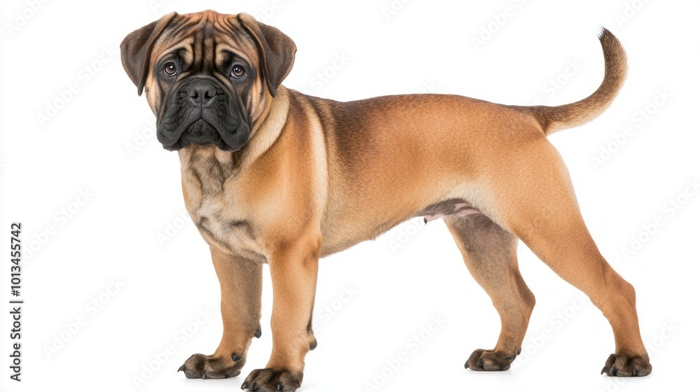 This Bullmastiff displays a powerful build and a shiny, short coat, exuding strength and loyalty. Its noble stance highlights the breed's distinctive features. This Bullmastiff displays a powerful build and a shiny, short coat, exuding strength and loyalty. Its noble stance highlights the breed's distinctive features.