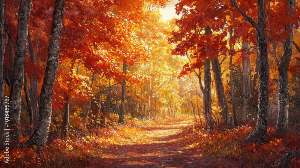 vibrant autumn forest path lined with maples, their leaves a kaleidoscope of reds and golds. dappled sunlight filters through the canopy, creating a magical, ethereal atmosphere. vibrant autumn forest path lined with maples, their leaves a kaleidoscope of reds and golds. dappled sunlight filters through the canopy, creating a magical, ethereal atmosphere.