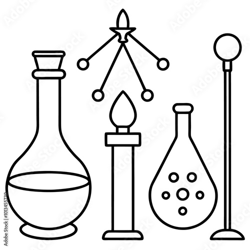 set of alchemy outline coloring book page line art drawing