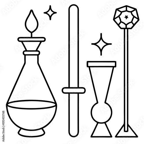 set of alchemy outline coloring book page line art drawing