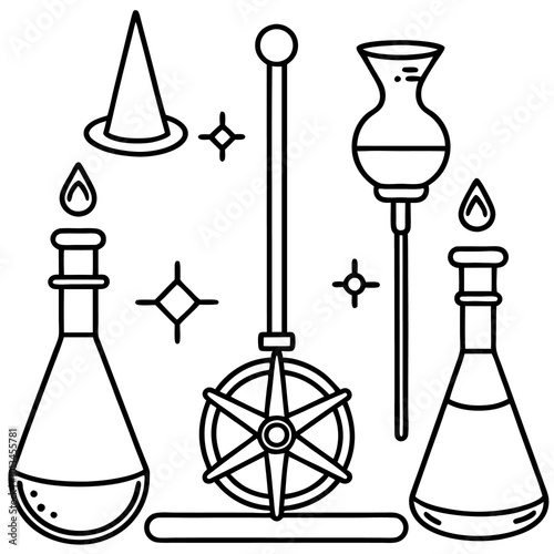 set of alchemy outline coloring book page line art drawing