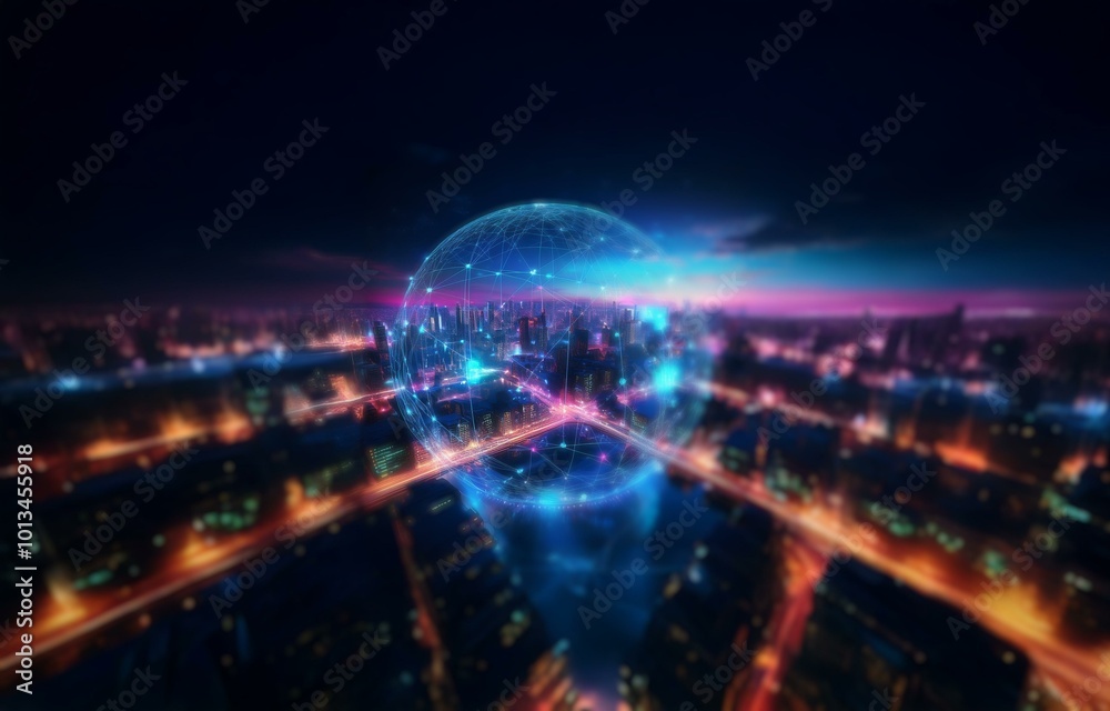 A glowing sphere of interconnected lines floats above a city at night. A glowing sphere of interconnected lines floats above a city at night.