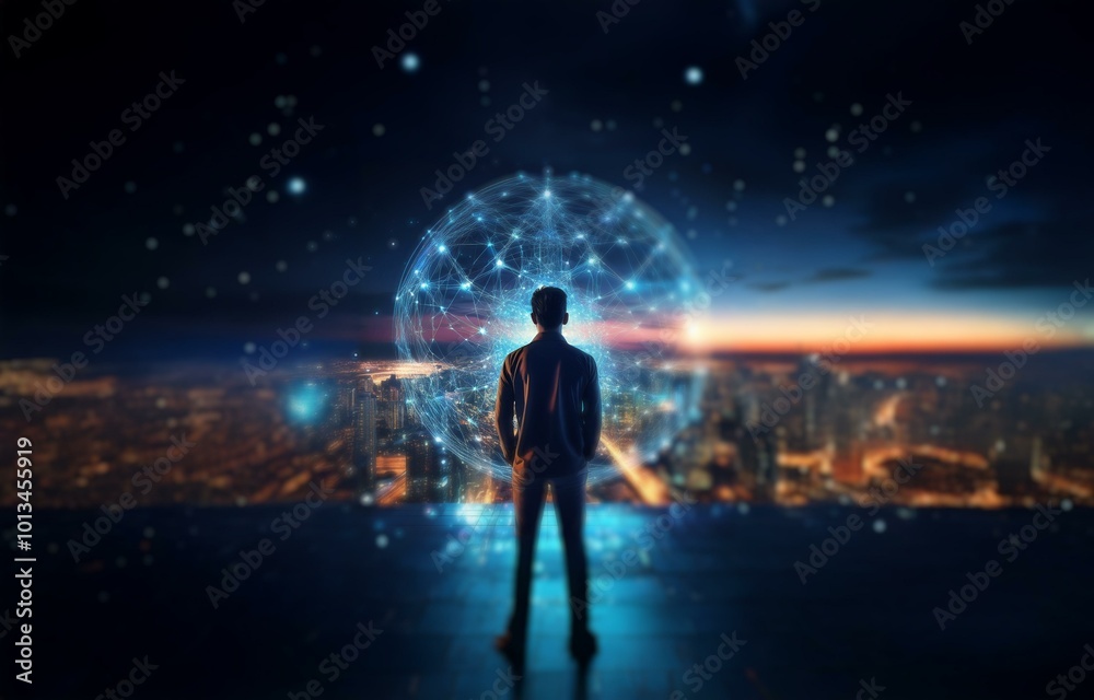 Silhouette of a person standing on a rooftop, gazing at a glowing orb and a cityscape at dusk. Silhouette of a person standing on a rooftop, gazing at a glowing orb and a cityscape at dusk.