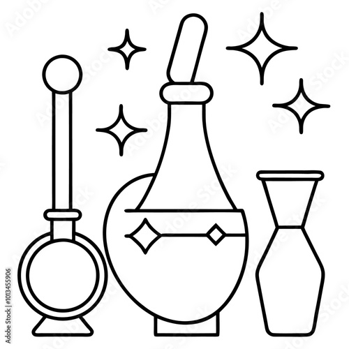 set of alchemy outline coloring book page line art drawing