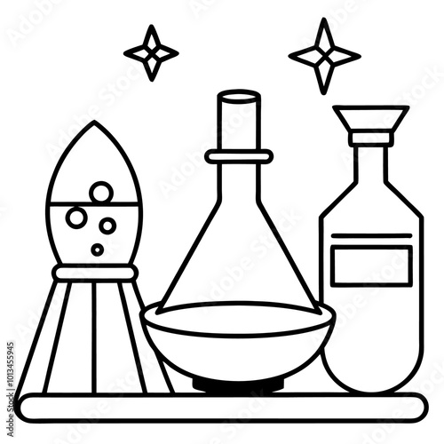 set of alchemy outline coloring book page line art drawing